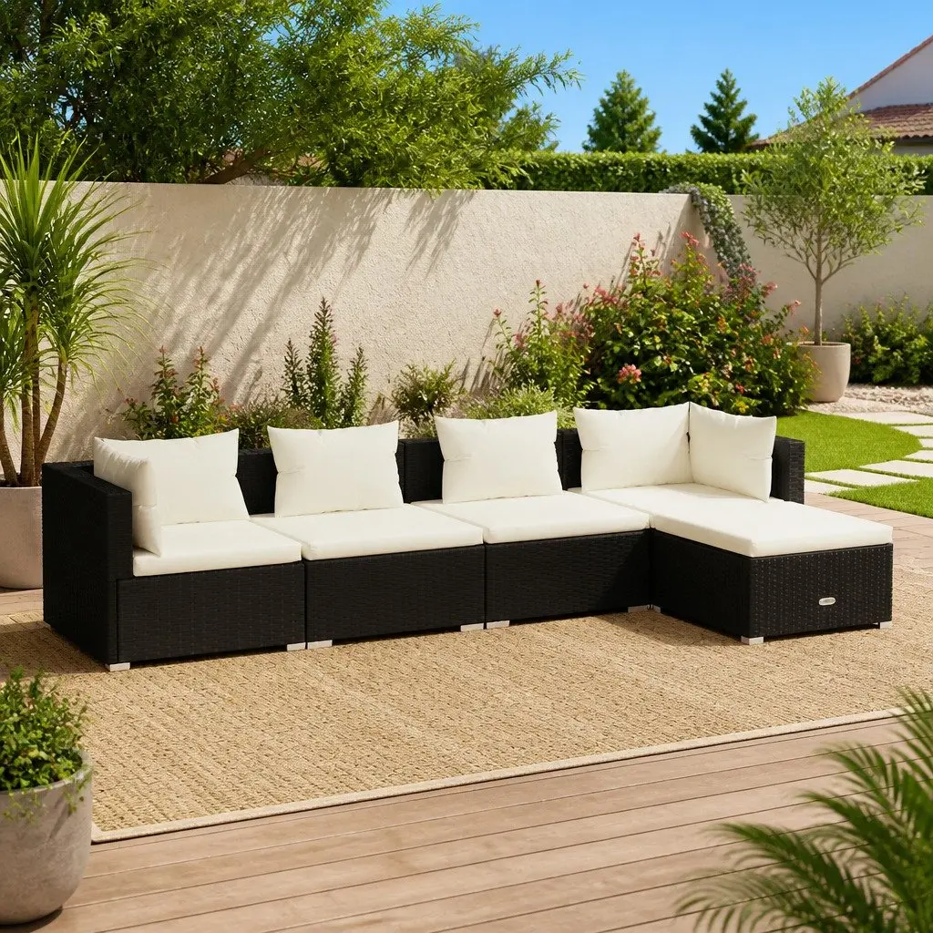 5 Piece Garden Lounge Set PE Rattan Modular Outdoor Patio Sofa Black with Cushions