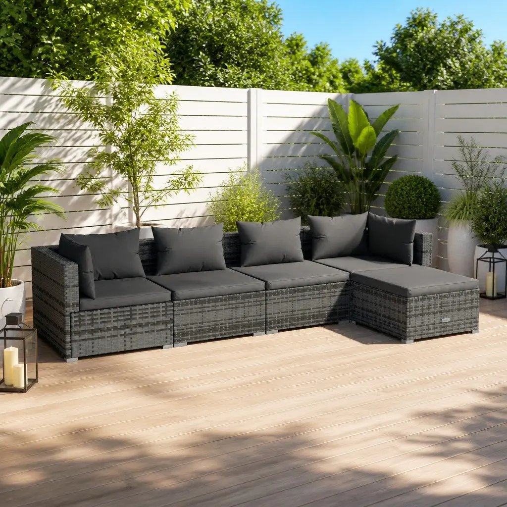 5 Piece Garden Lounge Set Waterproof PE Rattan Grey with Cushions