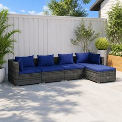 5 Piece Garden Lounge Set Outdoor Patio Furniture Grey Poly Rattan with Cushions