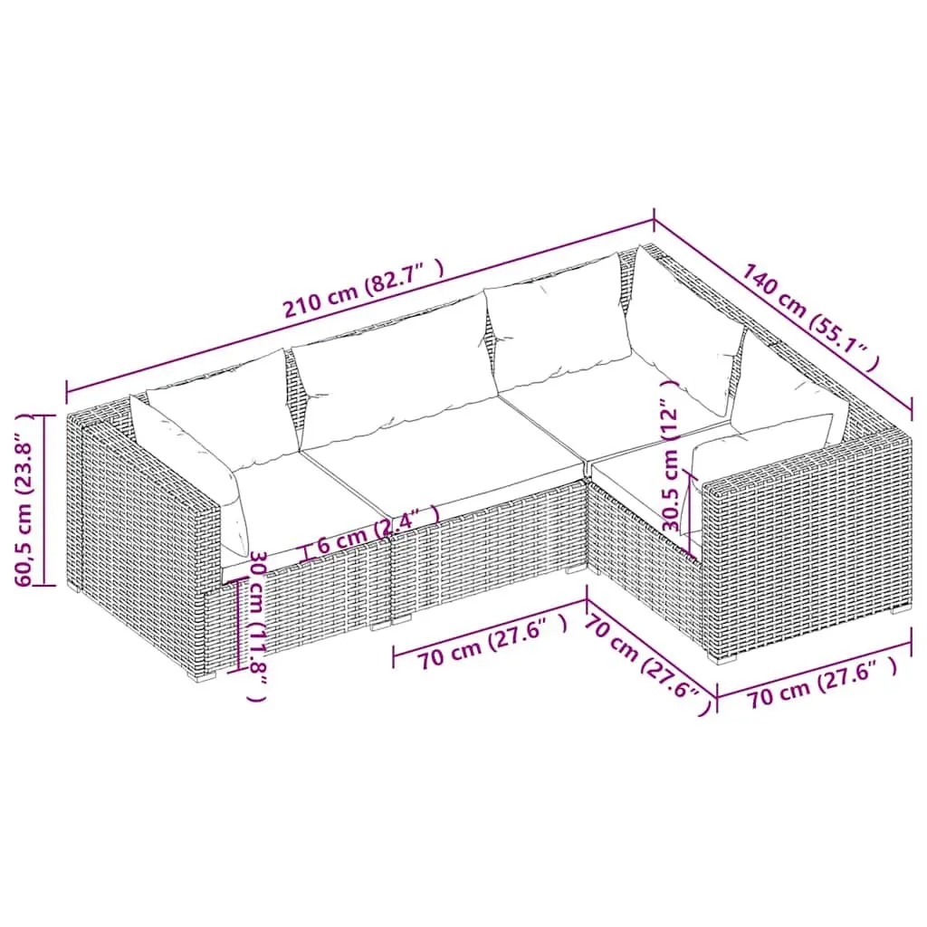 Garden Lounge Set Outdoor Furniture Poly Rattan 4 Piece Brown with Cushions
