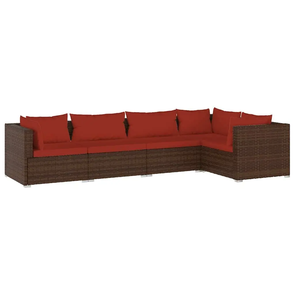 Garden Lounge Set 5 Piece PE Rattan Outdoor Furniture Modular Sofa with Cushions Brown