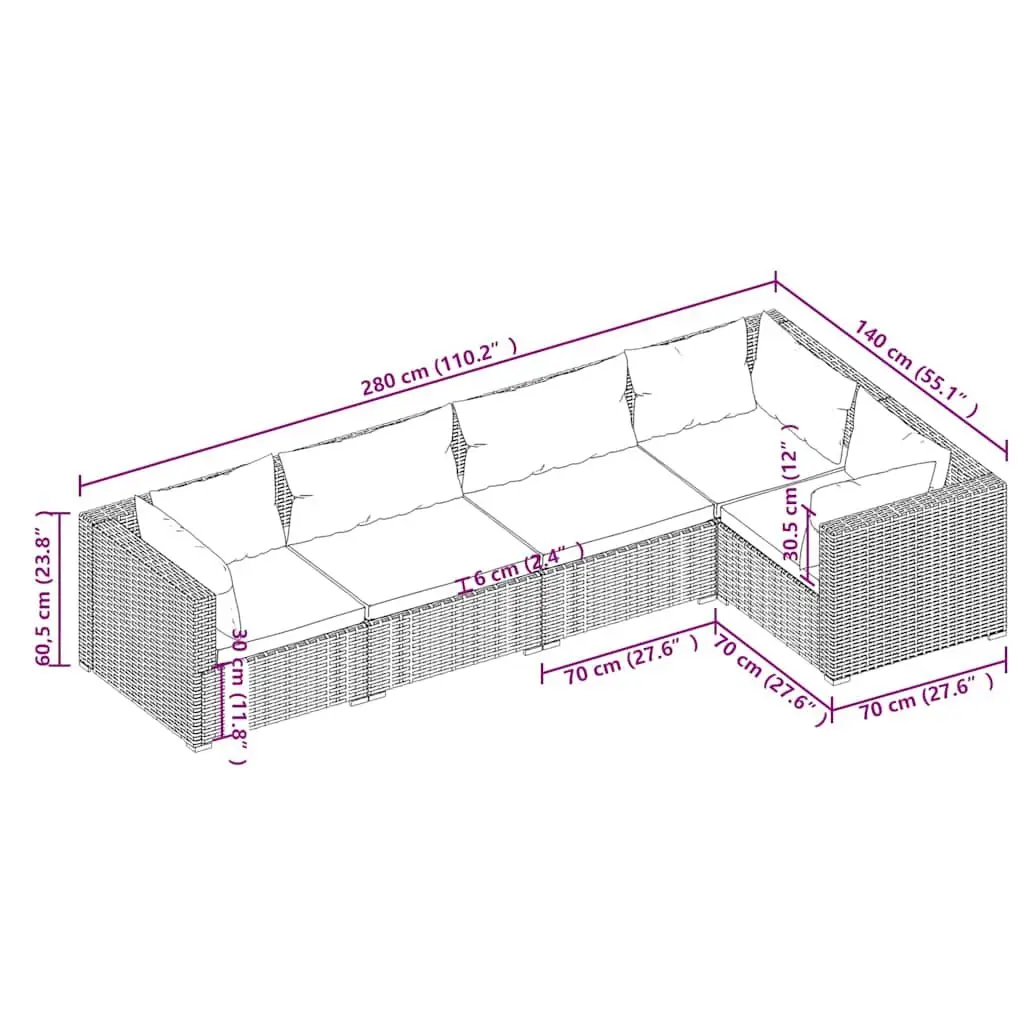 Garden Lounge Set 5 Piece PE Rattan Outdoor Furniture Modular Sofa with Cushions Brown