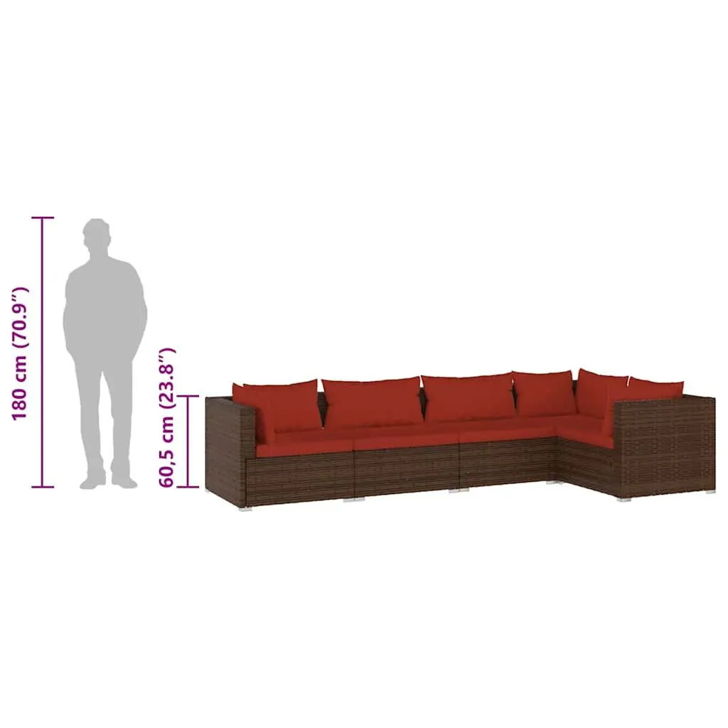 Garden Lounge Set 5 Piece PE Rattan Outdoor Furniture Modular Sofa with Cushions Brown
