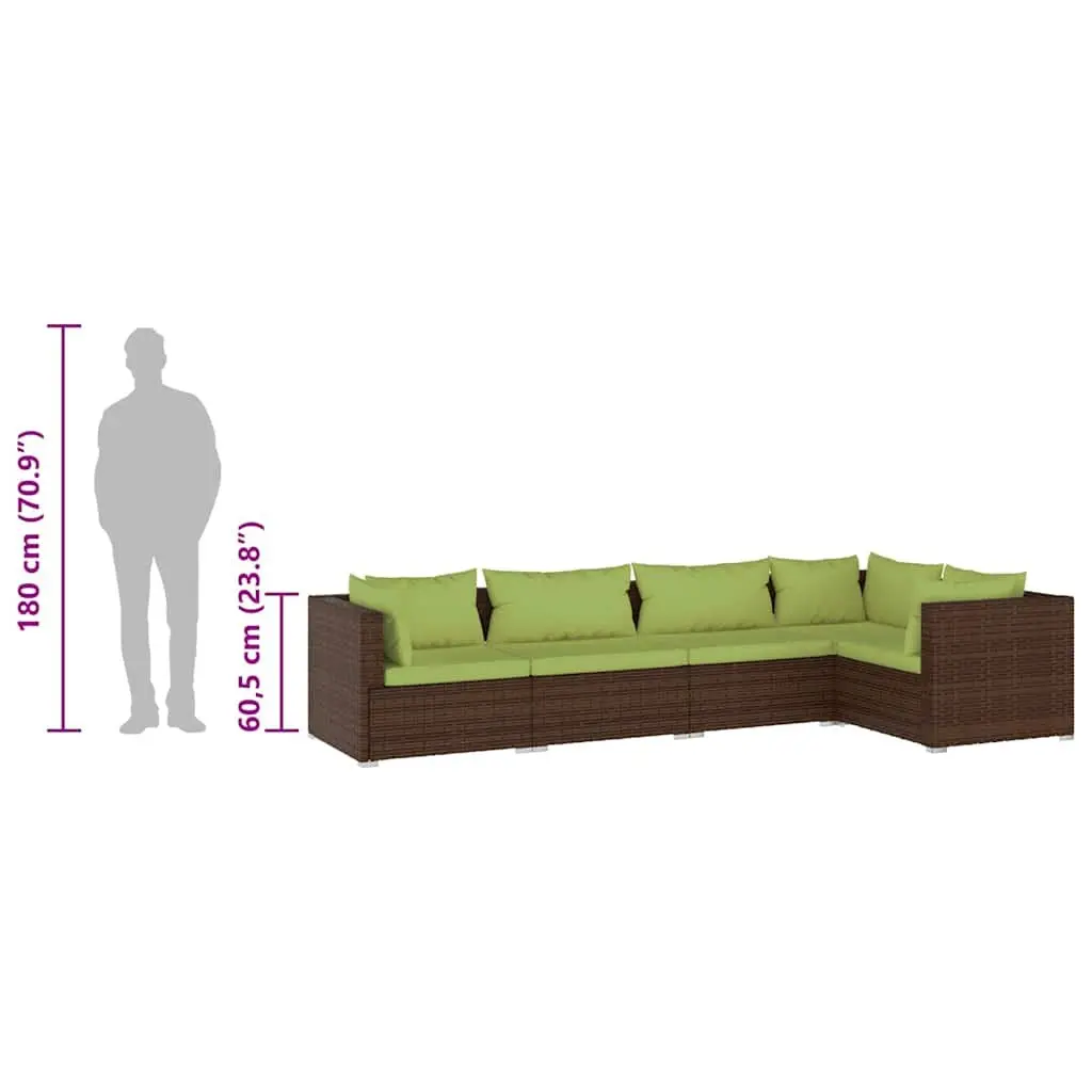 Garden Lounge Set Modular Outdoor Patio Furniture 5 Piece Brown Waterproof PE Rattan with Cushions