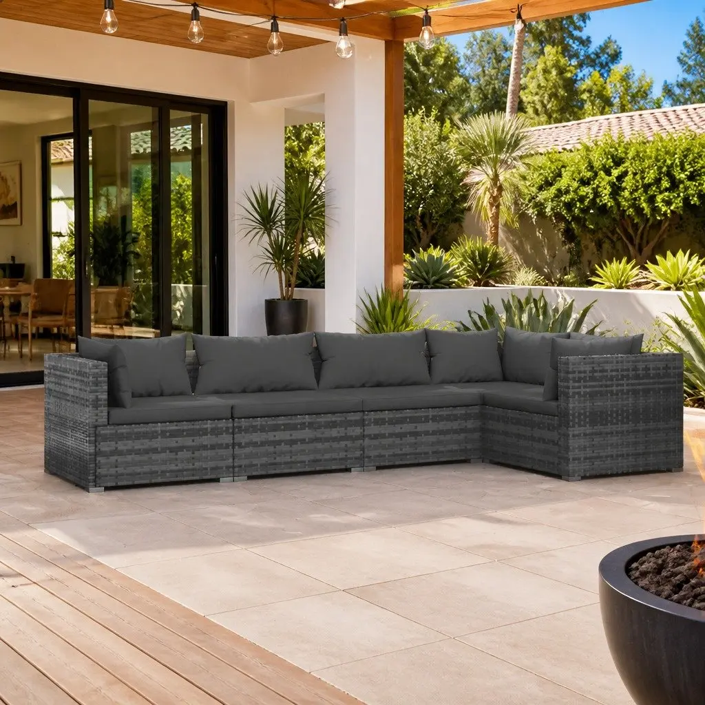 5 Piece Garden Lounge Set Modular PE Rattan Furniture Grey with Cushions