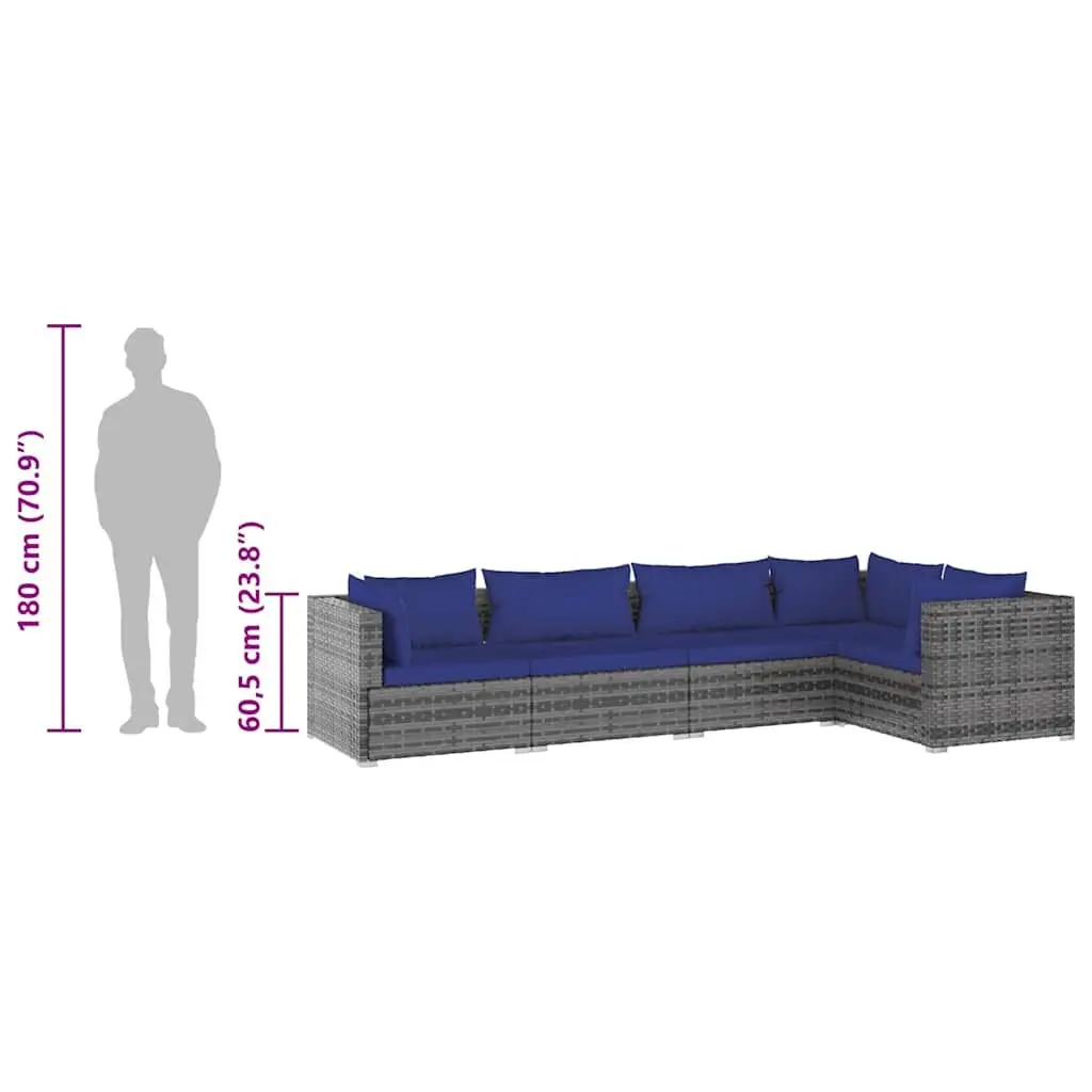 Garden Lounge Set Poly Rattan 5 Piece Grey with Cushions
