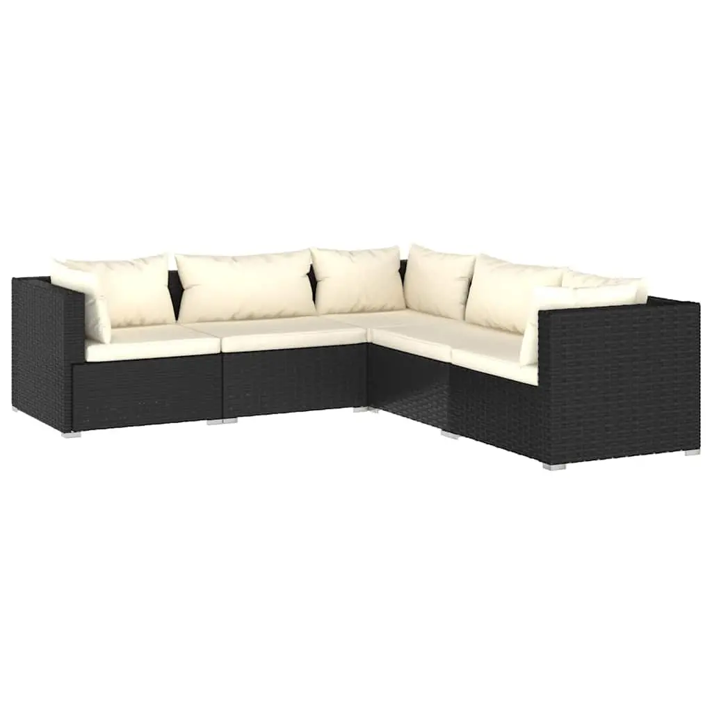 Outdoor Patio Furniture Modular Set 5 Piece Black PE Rattan with Cushions and Powder Coated Steel Frame