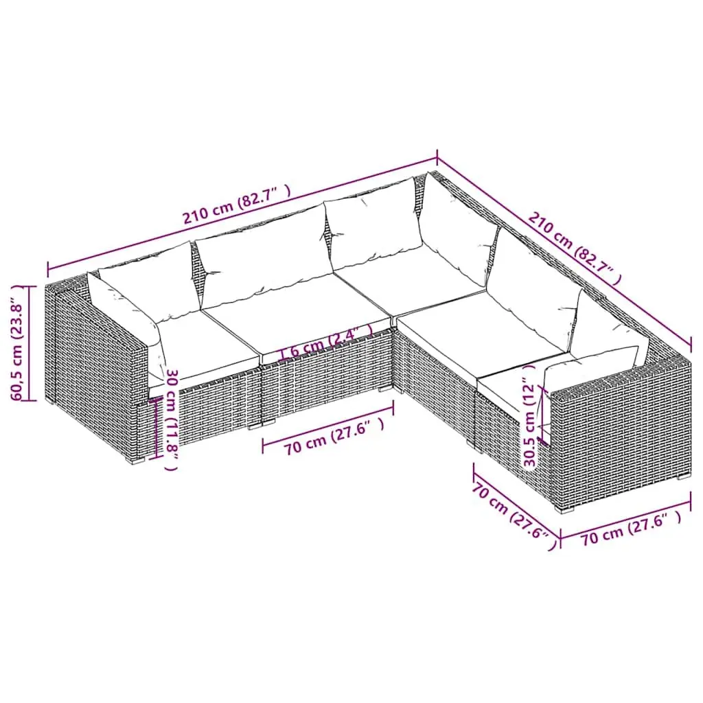 Outdoor Patio Furniture Modular Set 5 Piece Black PE Rattan with Cushions and Powder Coated Steel Frame