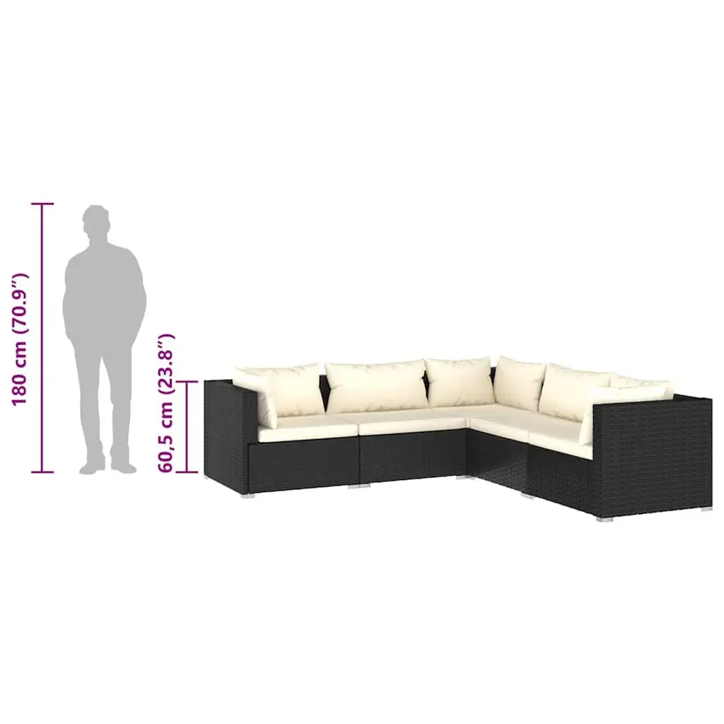 Outdoor Patio Furniture Modular Set 5 Piece Black PE Rattan with Cushions and Powder Coated Steel Frame