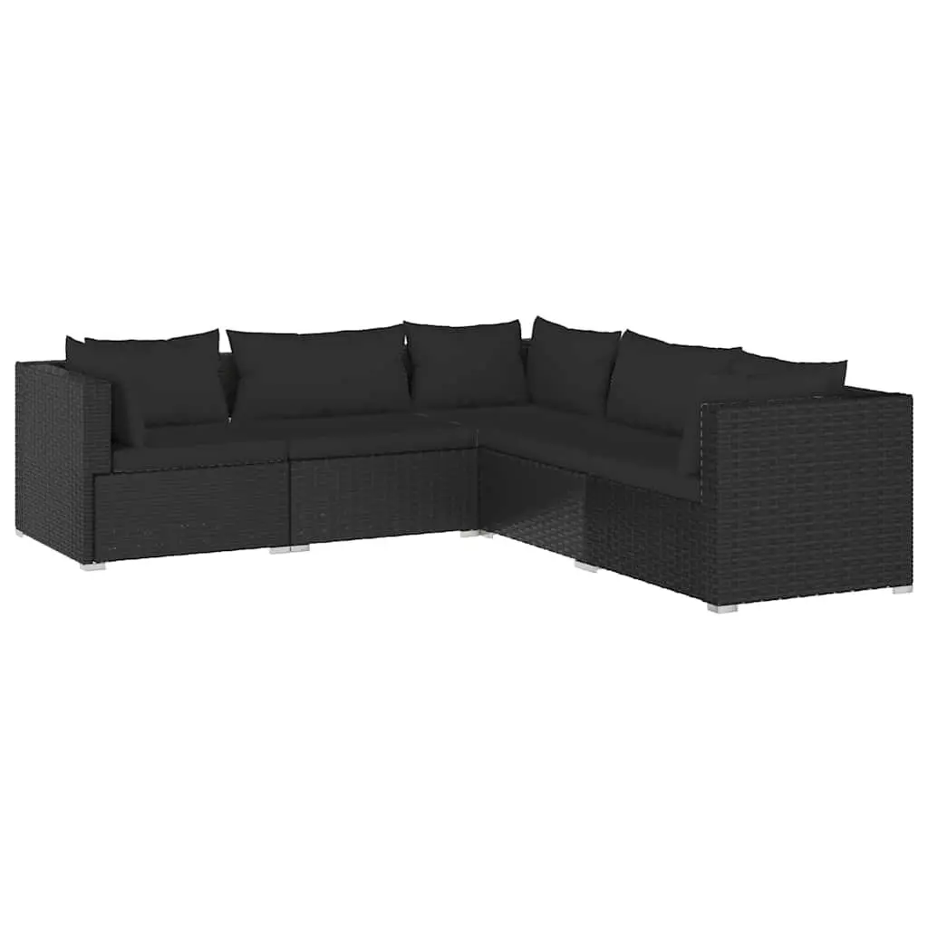 5 Piece Garden Lounge Set Black Powder Coating Steel Waterproof PE Rattan Outdoor Furniture with Cushions
