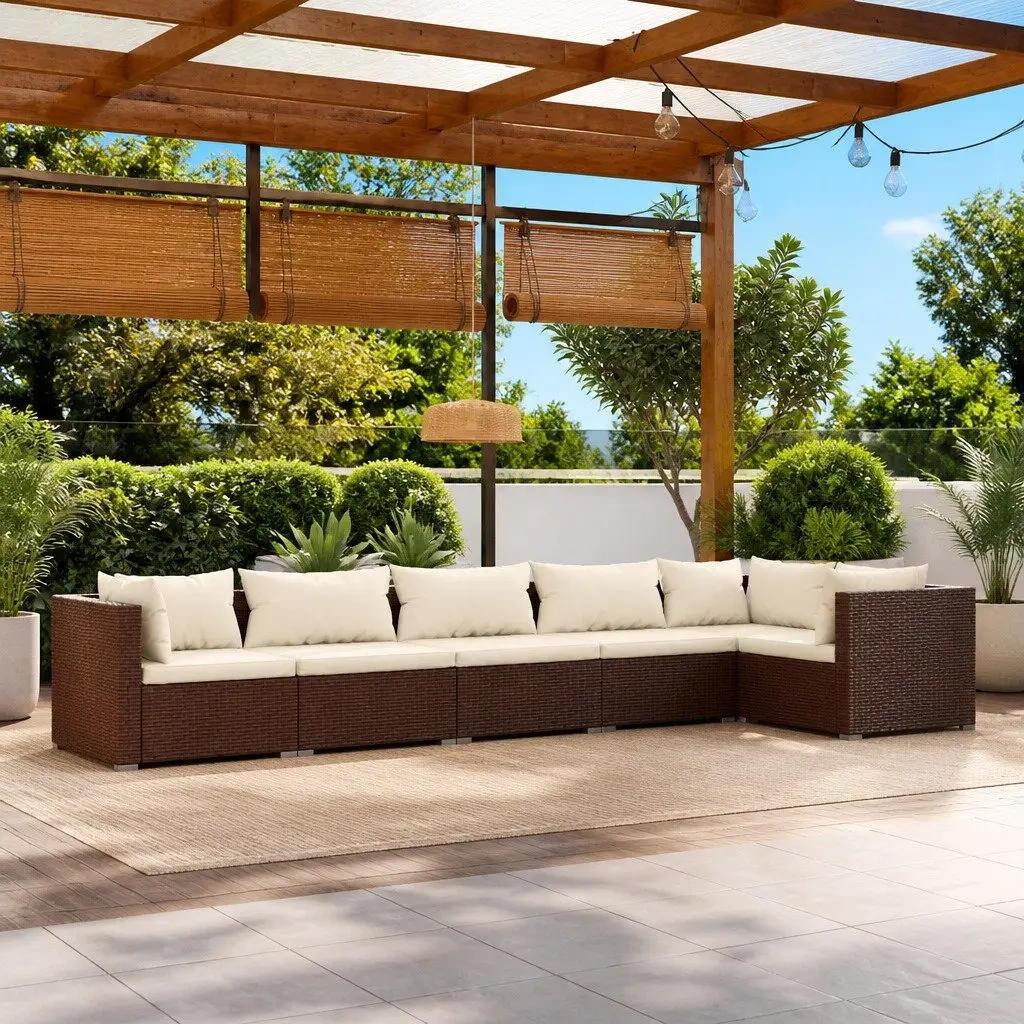 6 Piece Garden Lounge Set Modular Waterproof PE Rattan Brown Outdoor Furniture Sofa with Cushions