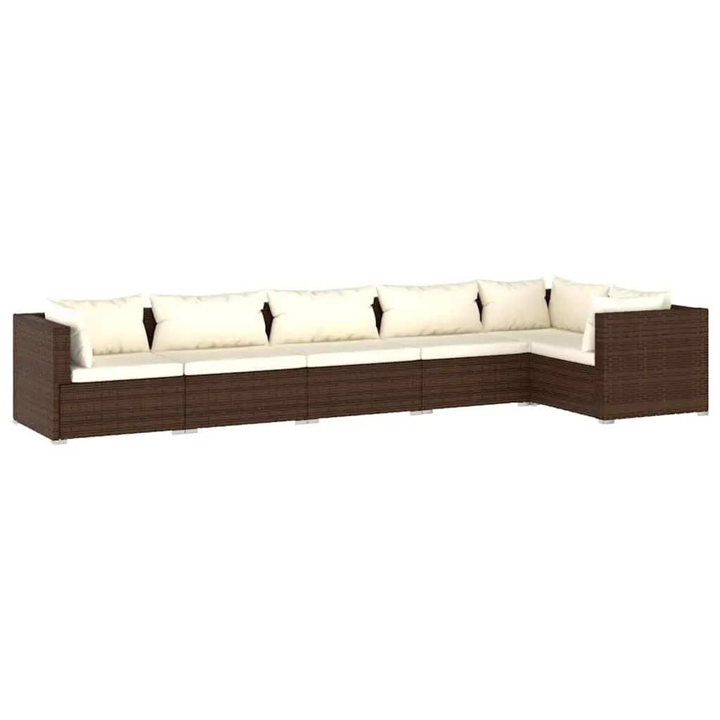 6 Piece Garden Lounge Set Modular Waterproof PE Rattan Brown Outdoor Furniture Sofa with Cushions