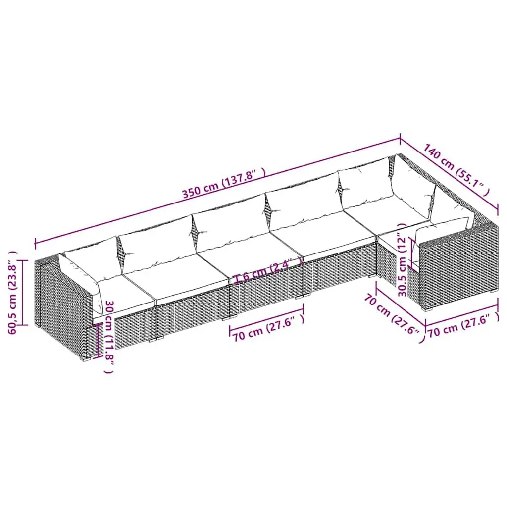 6 Piece Garden Lounge Set Modular Waterproof PE Rattan Brown Outdoor Furniture Sofa with Cushions