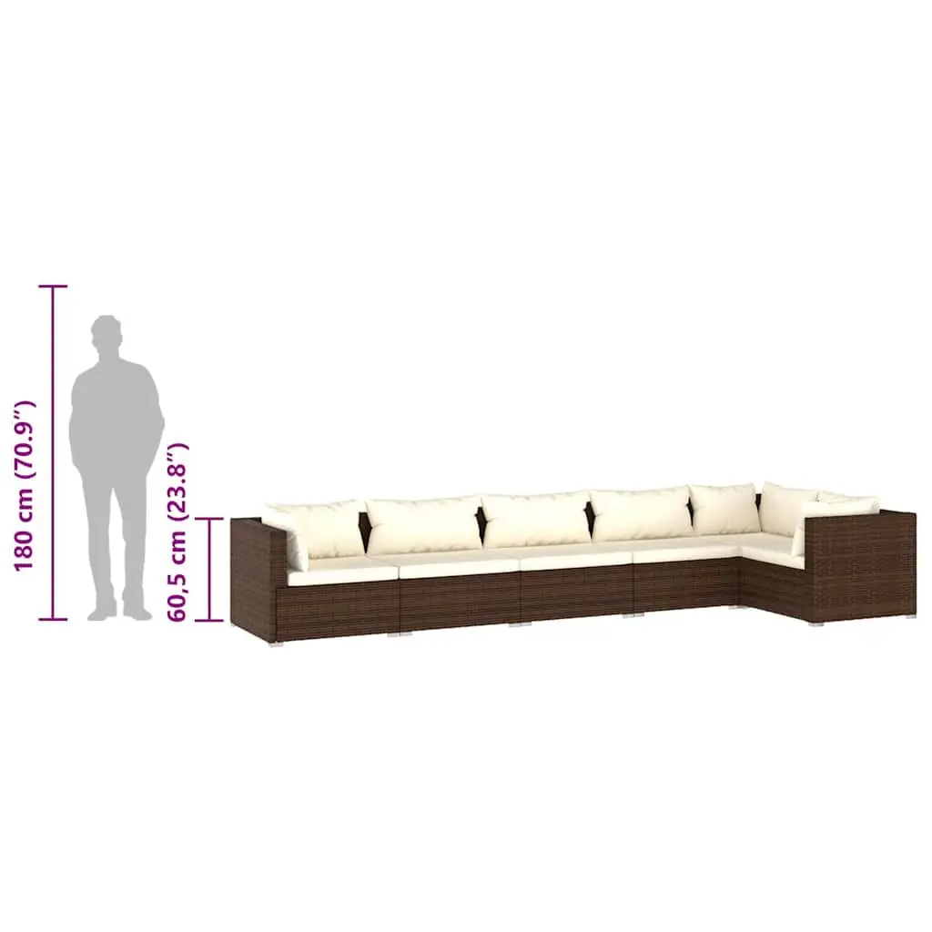 6 Piece Garden Lounge Set Modular Waterproof PE Rattan Brown Outdoor Furniture Sofa with Cushions