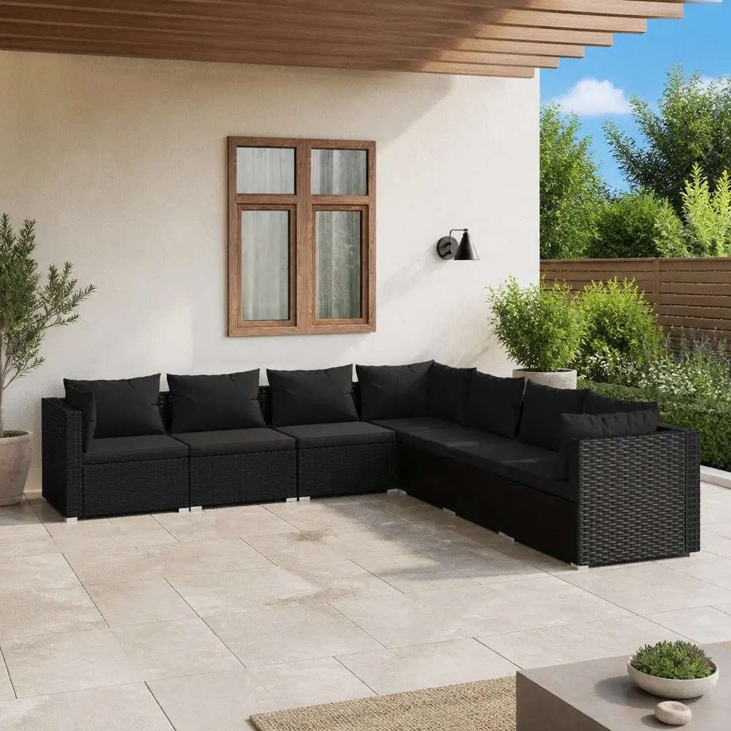 7 Piece Garden Lounge Set Modular Sofa Waterproof PE Rattan Black Powder Coated Steel Frame