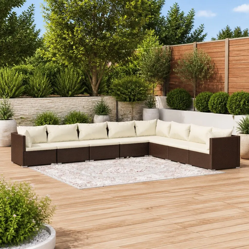 Garden Lounge Set 8 Piece Waterproof PE Rattan Outdoor Furniture Brown with Cushions