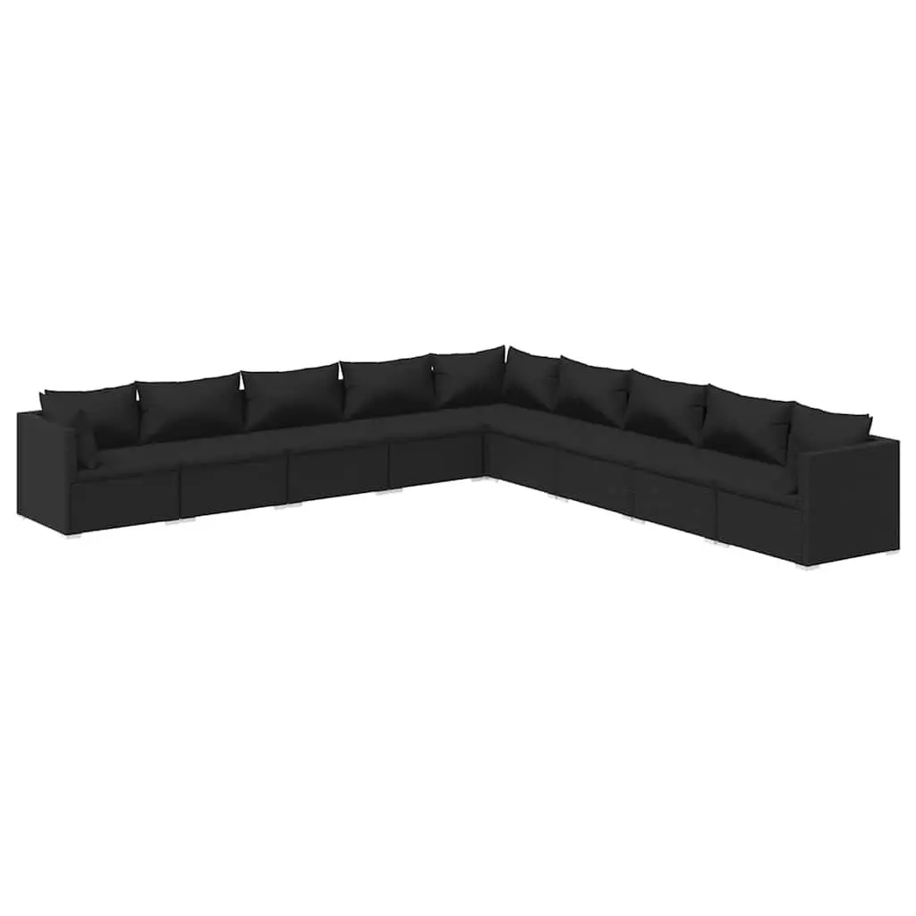 9 Piece Outdoor Garden Lounge Set Black Poly Rattan Patio Furniture with