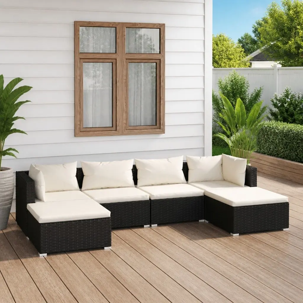 6 Piece Modular Outdoor Lounge Set Black Water-Resistant Poly Rattan Furniture with Cushions