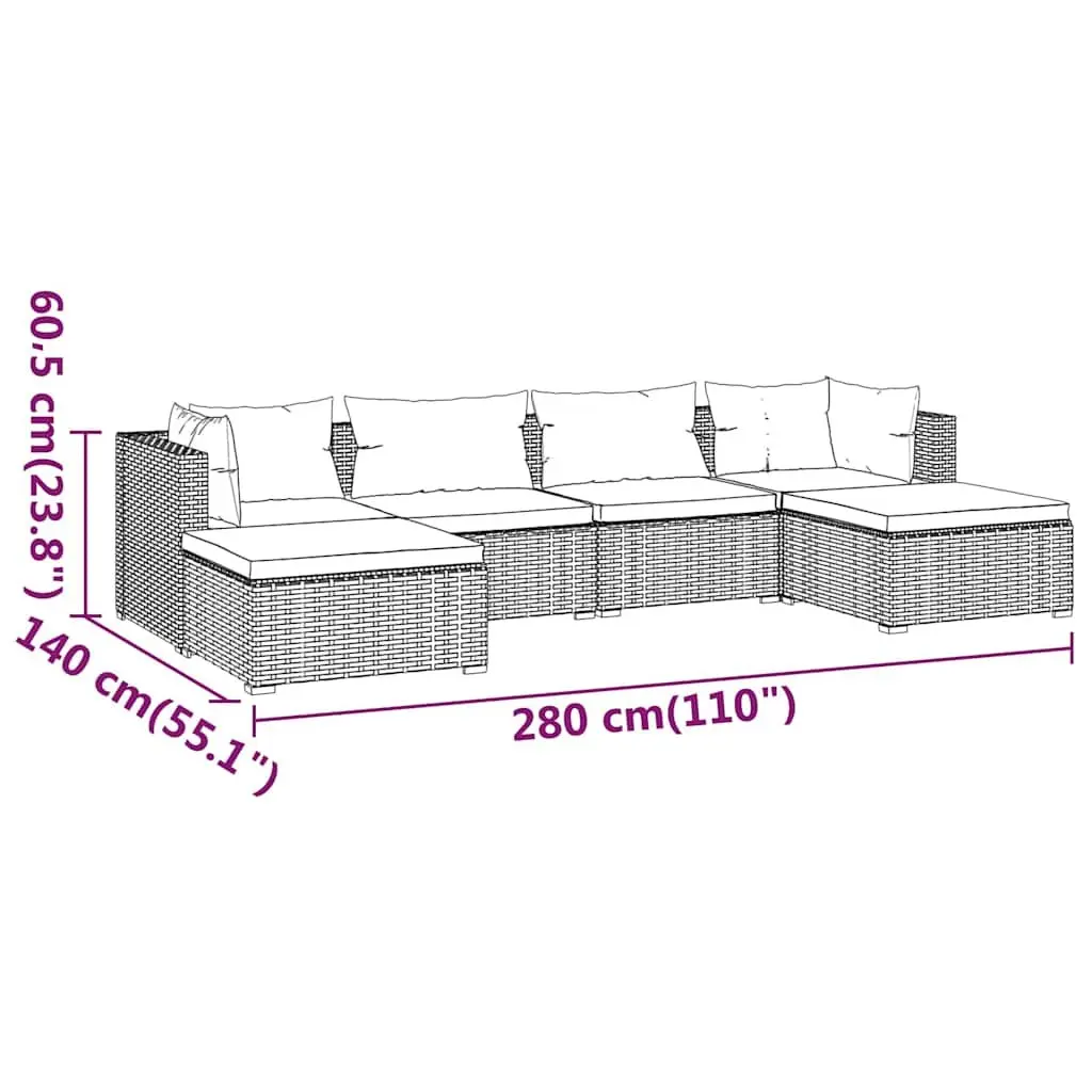 6 Piece Modular Outdoor Lounge Set Black Water-Resistant Poly Rattan Furniture with Cushions