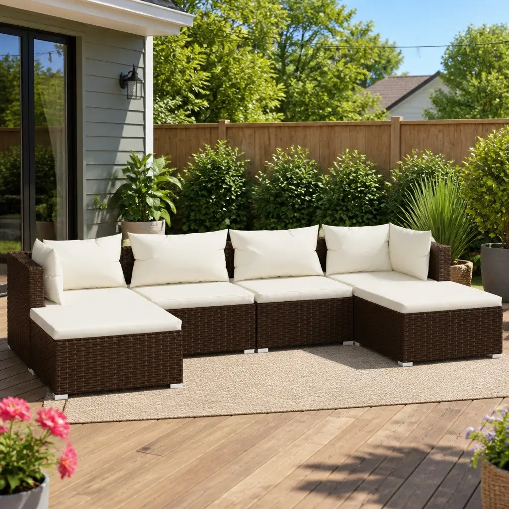 6 Piece Modular Outdoor Furniture Set with Cushions Brown Poly Rattan Garden Lounge
