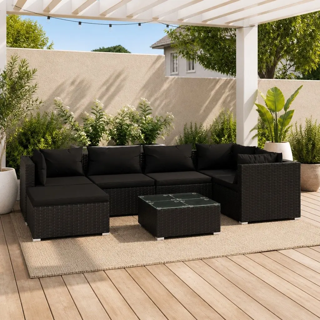 7 Piece Modular Patio Furniture Poly Rattan Outdoor Garden Lounge Set Black
