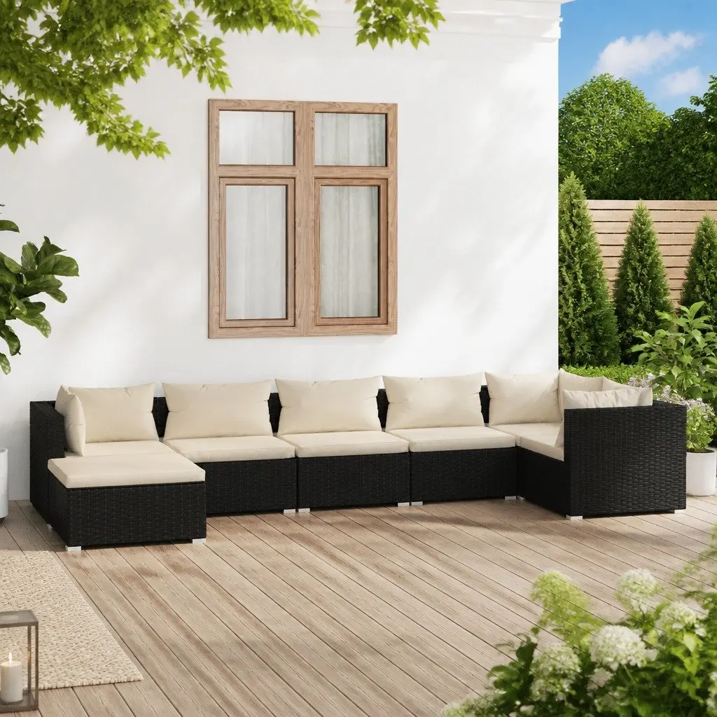 7 Piece Poly Rattan Garden Lounge Set with Cushions Black Outdoor Patio Furniture