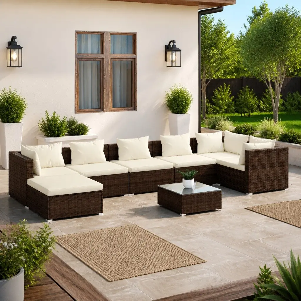 Garden Lounge Set 8 Piece Outdoor Furniture Poly Rattan Brown Modular Seating