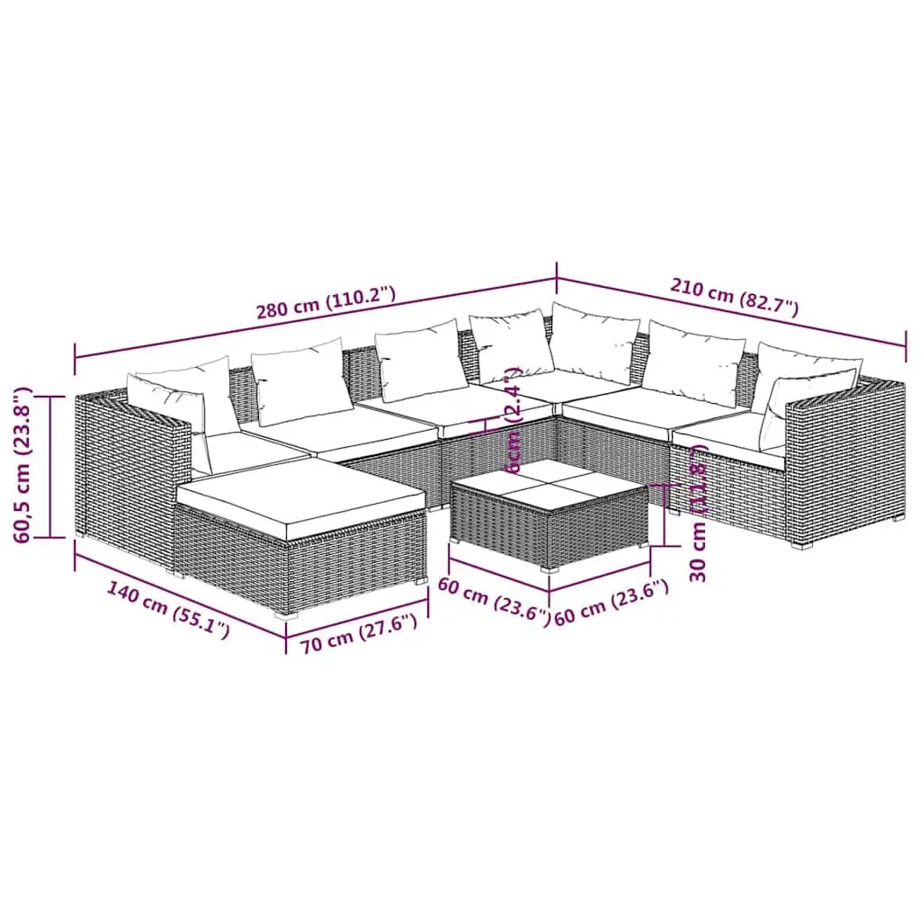 Garden Lounge Set 8 Piece Modular Outdoor Furniture Grey Poly Rattan with