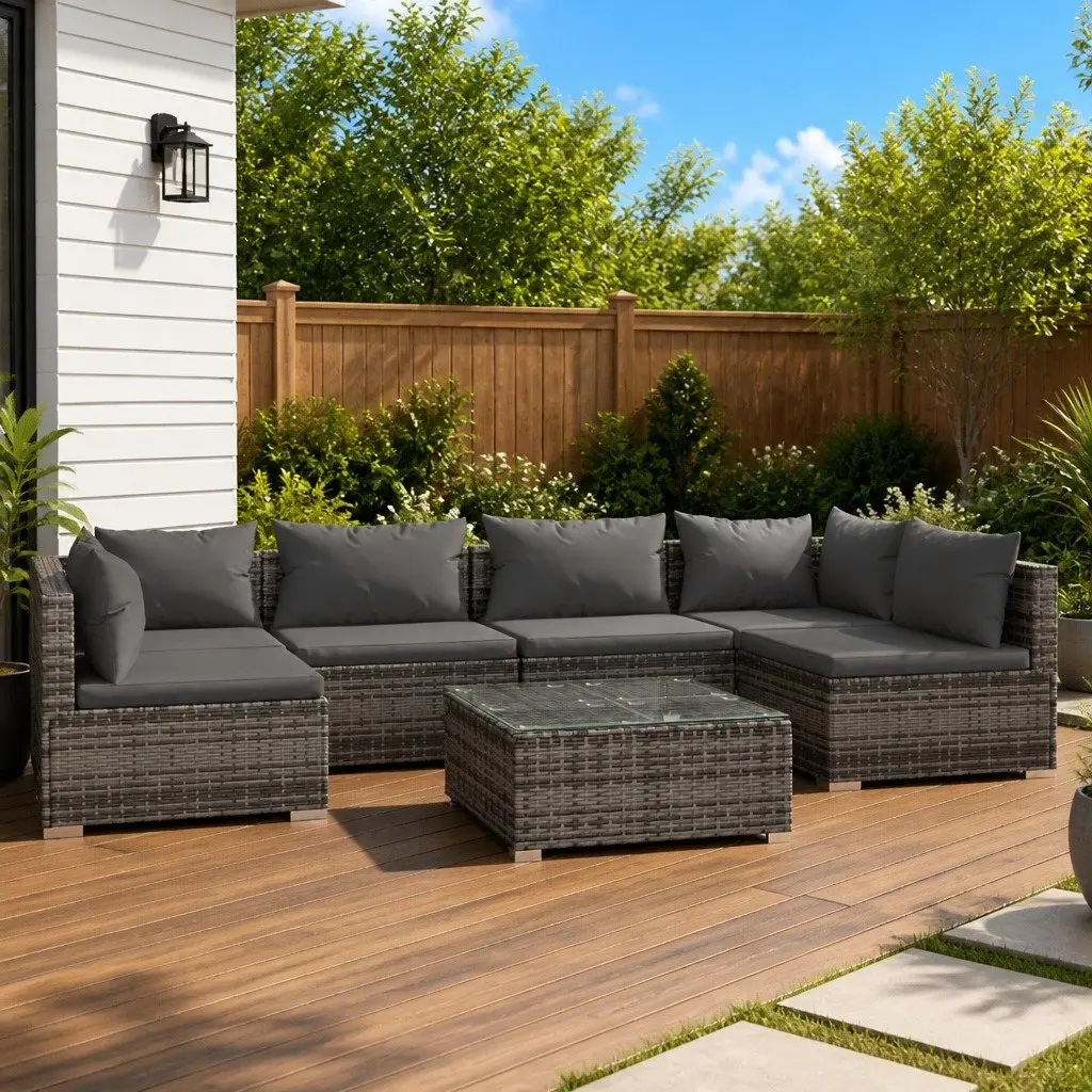 7 Piece Modular Outdoor Lounge Set Grey PE Rattan with Thick Cushions for Garden Patio