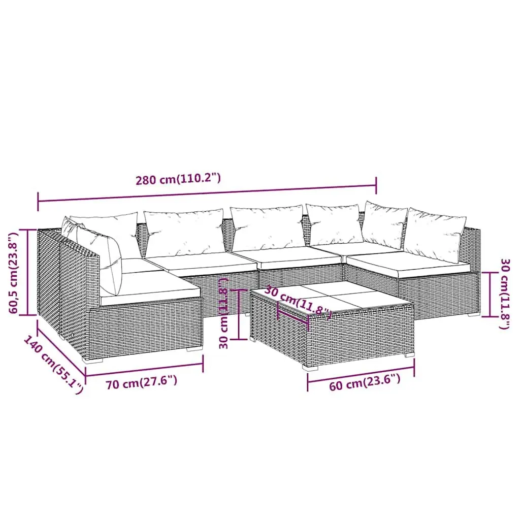 7 Piece Modular Outdoor Lounge Set Grey PE Rattan with Thick Cushions for Garden Patio