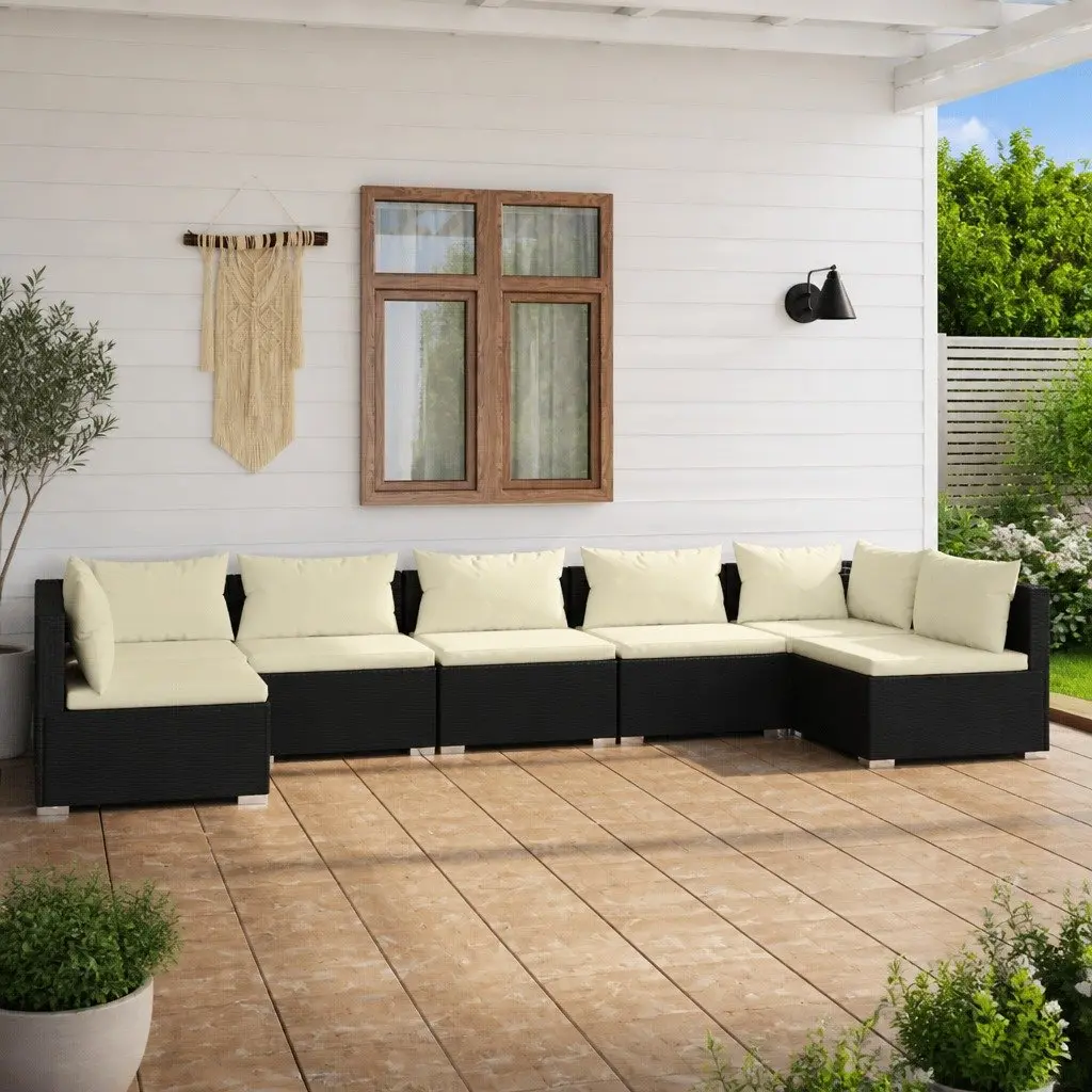 7 Piece Garden Lounge Set Poly Rattan Water Resistant Black with Cushions