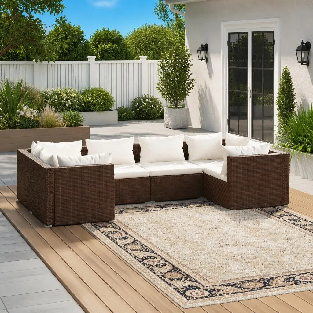 Garden Lounge Set Modular Outdoor Furniture PE Rattan 6 Piece Brown Cushions