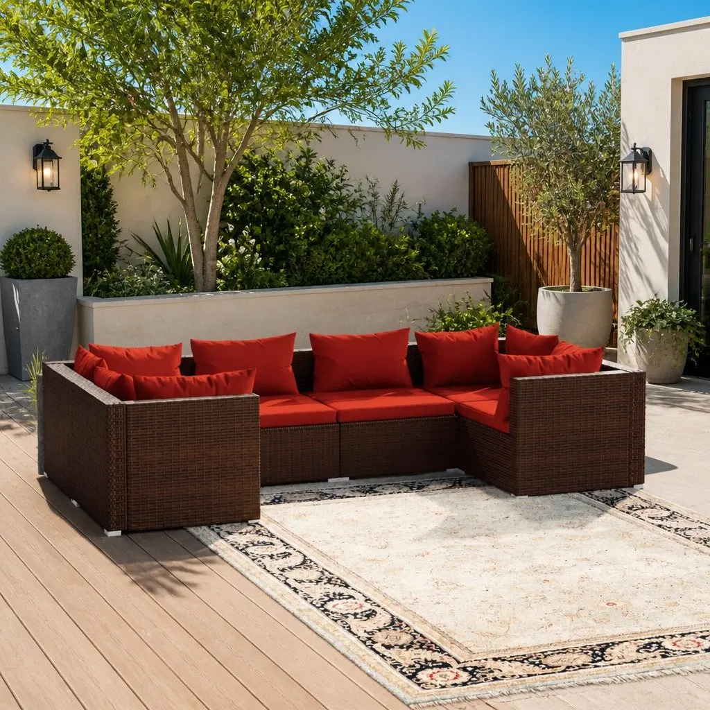 Garden Lounge Set Modular PE Rattan 6 Piece Outdoor Furniture with Cushions Brown