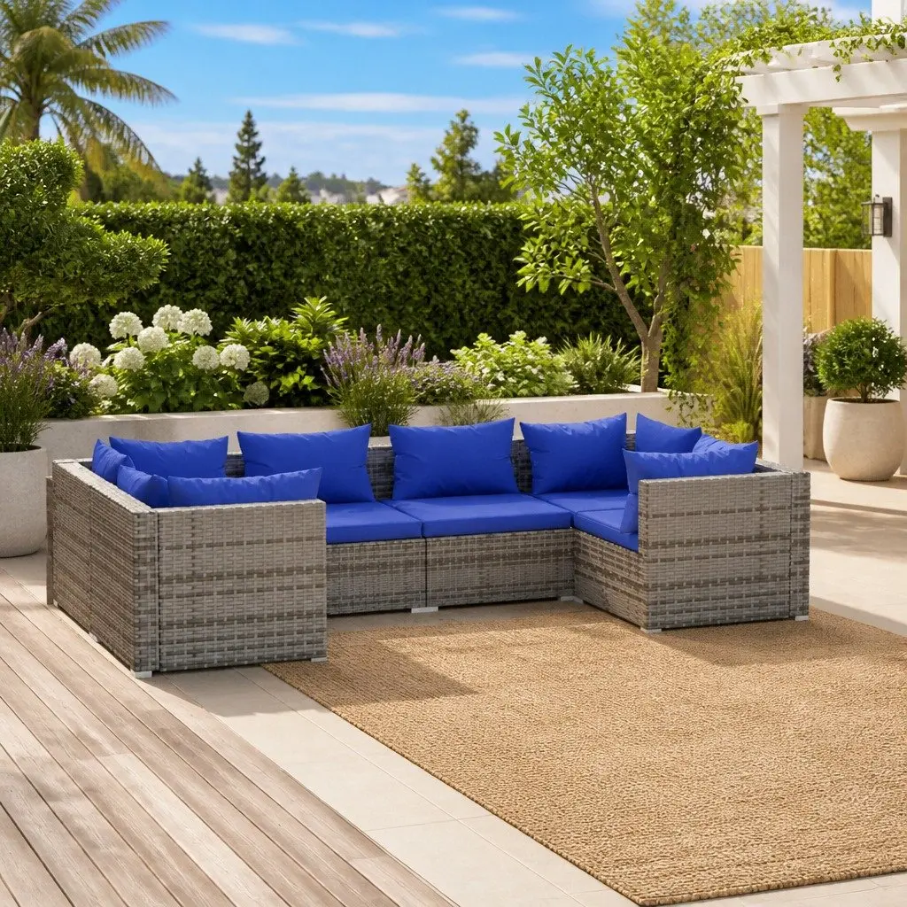 6 Piece Modular Garden Lounge Set Cushioned Outdoor Furniture Poly Rattan Grey
