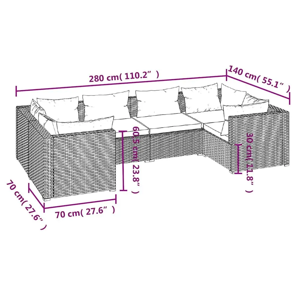 6 Piece Modular Garden Lounge Set Cushioned Outdoor Furniture Poly Rattan Grey