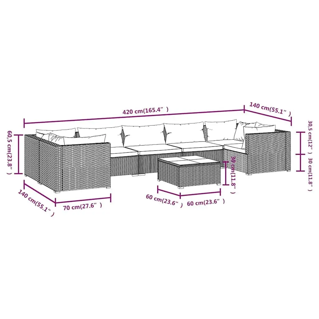 Outdoor Lounge Set Poly Rattan 8 Piece Modular Patio Furniture Black