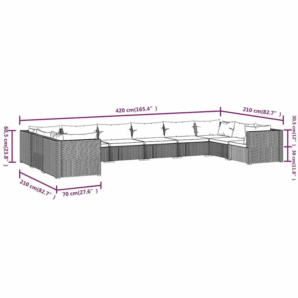 Outdoor Garden Lounge Set 10 Piece Poly Rattan Modular Patio Furniture with