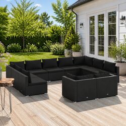 Garden Lounge Set 11 Piece Outdoor Furniture Black Poly Rattan Sofa Cushions