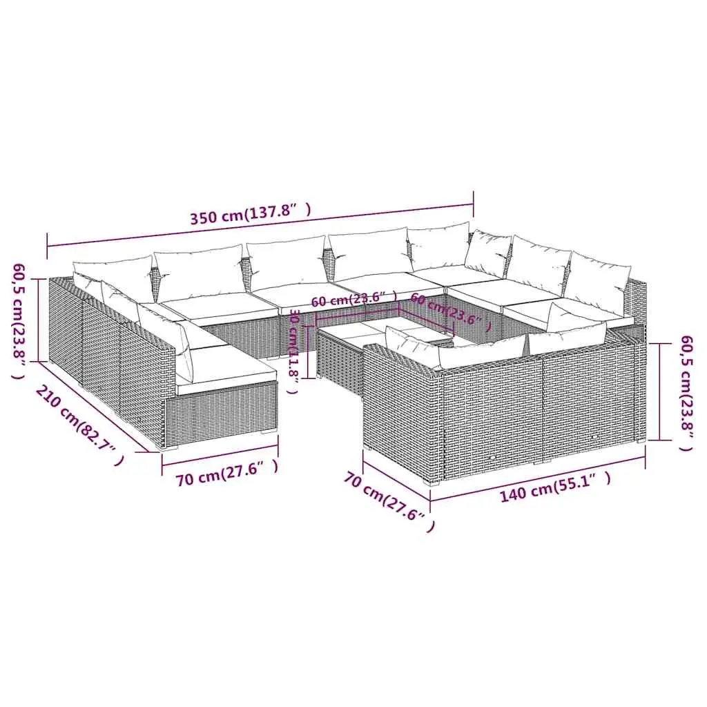 12 Piece Outdoor Garden Lounge Set Modular Patio Furniture Black Poly Rattan