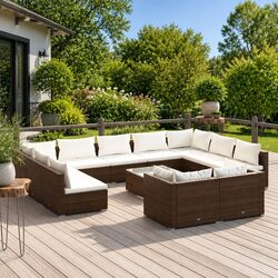 Garden Lounge Set 12 Piece Brown Poly Rattan Outdoor Furniture with Cushions
