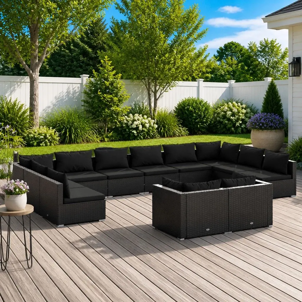 Modular Garden Lounge Set Black PE Rattan 12 Piece Patio Furniture Outdoor Relaxation