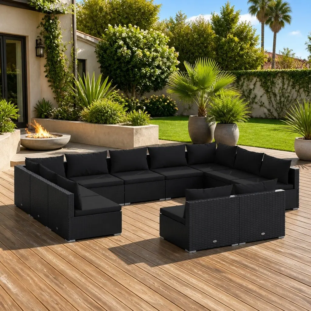 Garden Lounge Set Modular 11 Piece Black Poly Rattan Outdoor Furniture