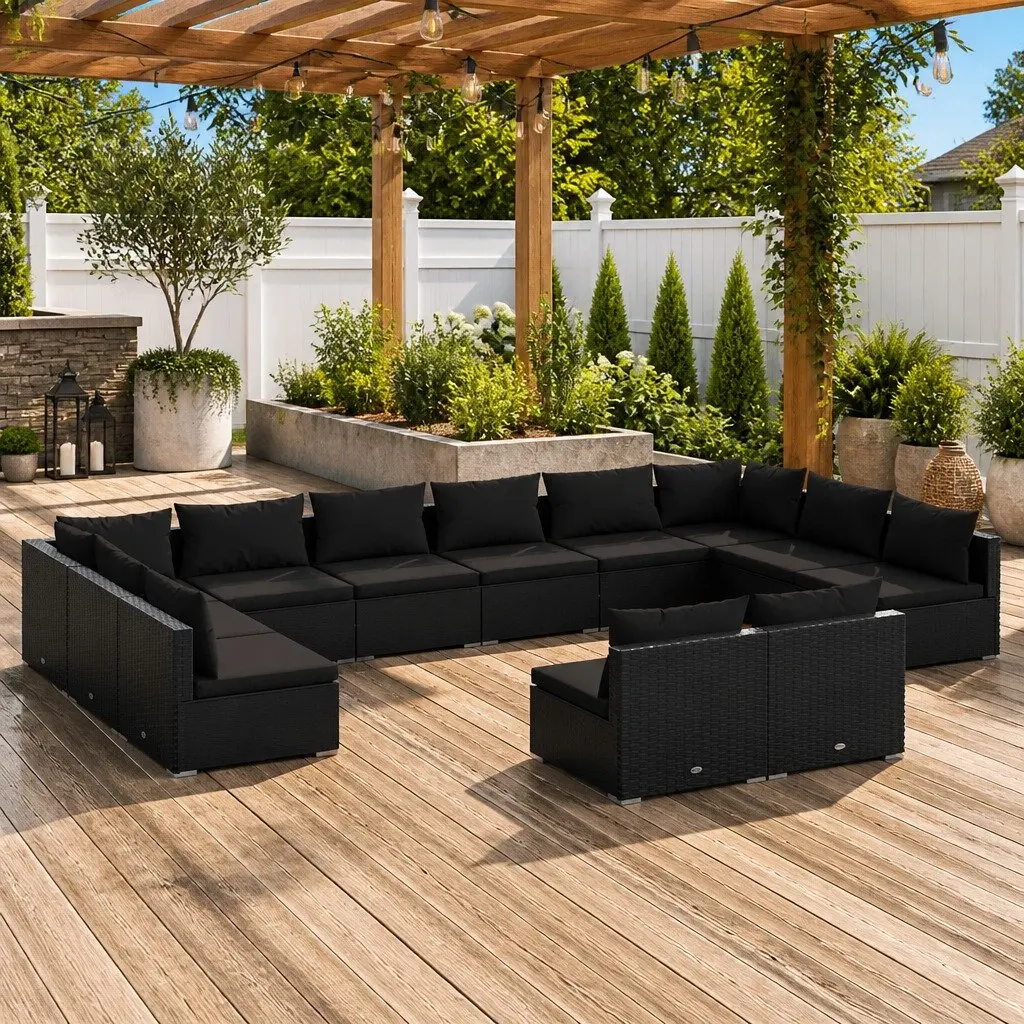 Garden Lounge Set Modular Black PE Rattan 12 Piece Outdoor Patio Furniture