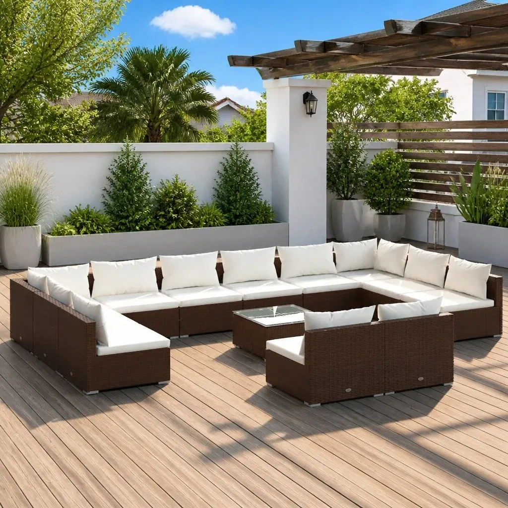 Modular 13 Piece Outdoor Lounge Set Brown Rattan Patio Furniture with Removable Cushions