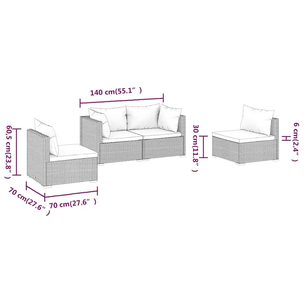 Garden Lounge Set 4 Piece Outdoor Patio Furniture with Cushions Brown Rattan