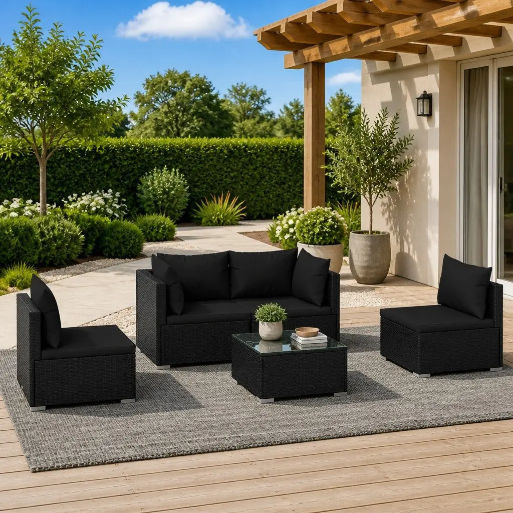 Garden Lounge Set Outdoor Furniture 5 Piece Modular Black PE Rattan with Cushions