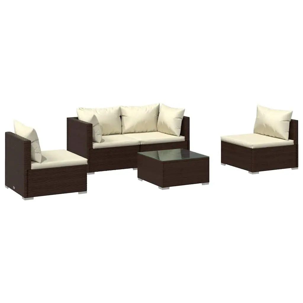 Garden Lounge Set 5 Piece Modular Outdoor Patio Furniture Brown Rattan with Cushions