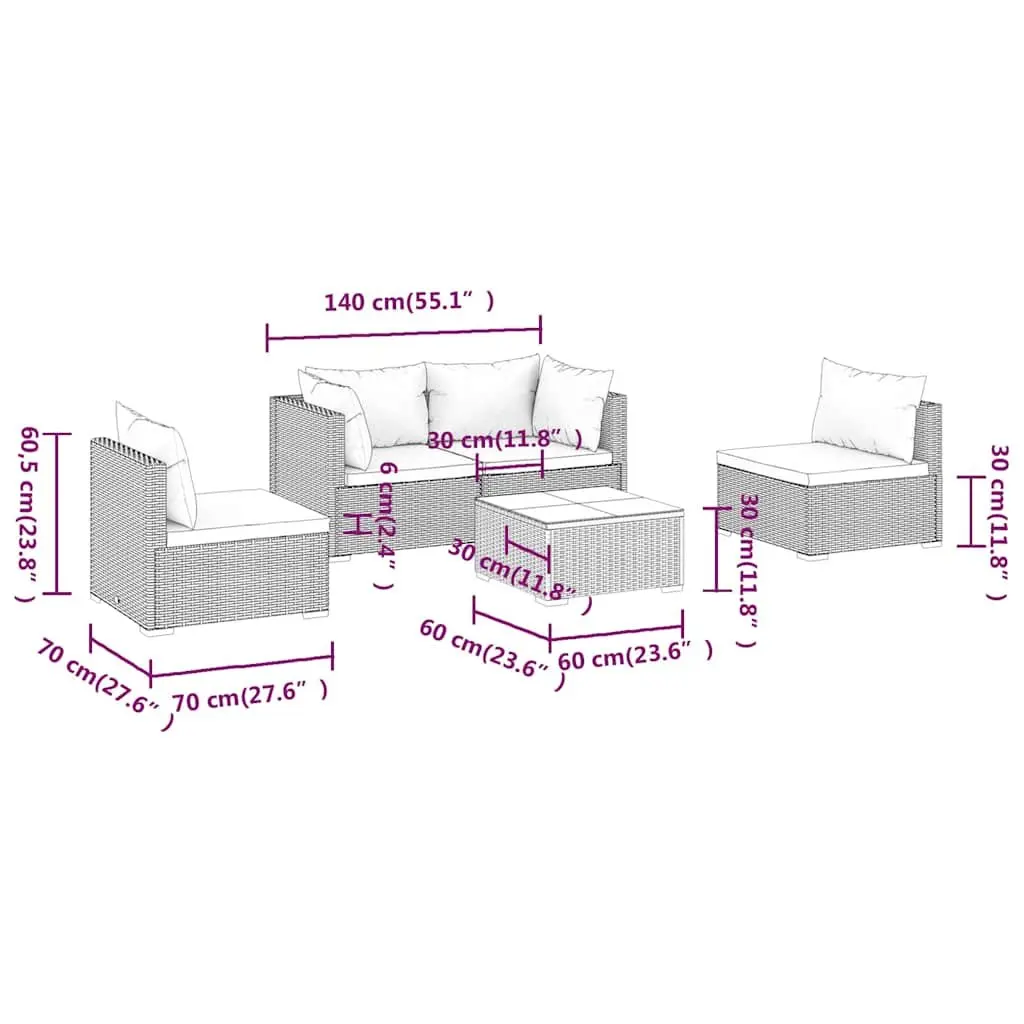 Garden Lounge Set 5 Piece Modular Outdoor Patio Furniture Brown Rattan with Cushions