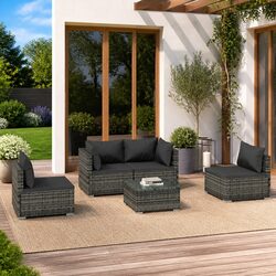 Garden Lounge Set 5 Piece Outdoor Patio Furniture Grey Rattan Sofa with Cushions
