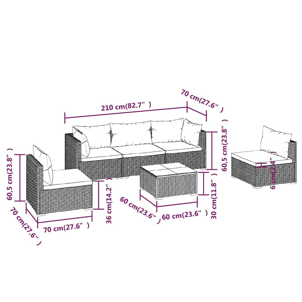 Garden Lounge Set Modular Rattan 6 Piece Outdoor Patio Furniture Black